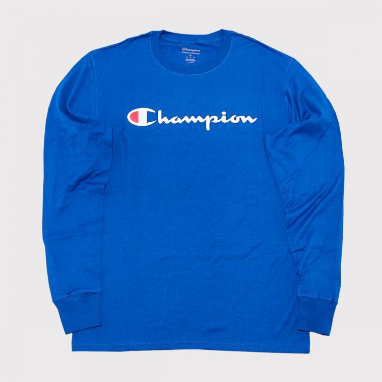 Camiseta Champion Logo Script Manga Longa Azul